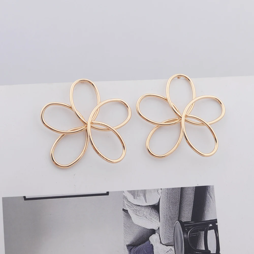 Metal Color: BROWN - Hollow Big Five-petaled Flower Metal Line Drop Earrings for Women Art Brincos Hyperbole Fashion Party Jewelry