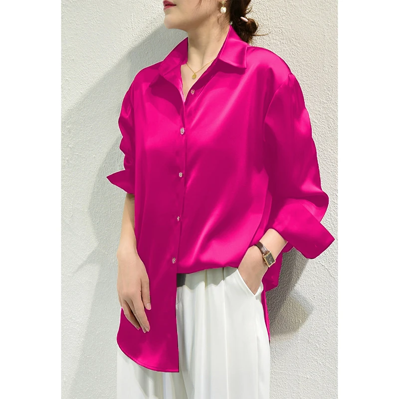Color: Brown, Size: XXL - All-match Satin Finish Shirts And Blouses Women Clothing Casual Top OL Long Sleeve Button Elegant Shirts French Solid Blouses