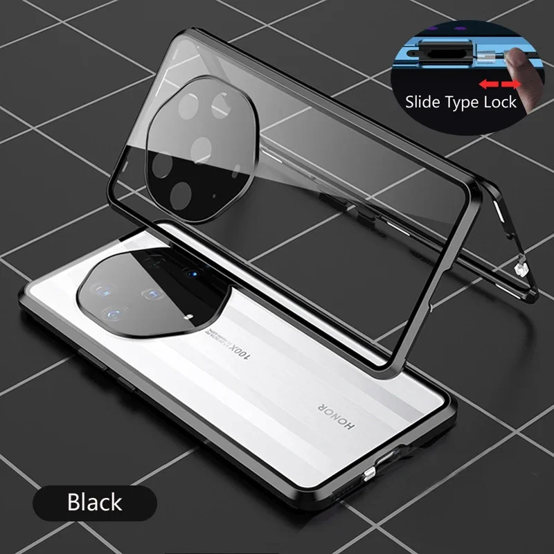 Color: black, Material: Microfiber - Double Sided Glass Magnetic Metal Snap Lock Phone Case For Honor Magic 4 5 Ultimate 6 Lite 7 Pro Lens Protection Cover Cases
