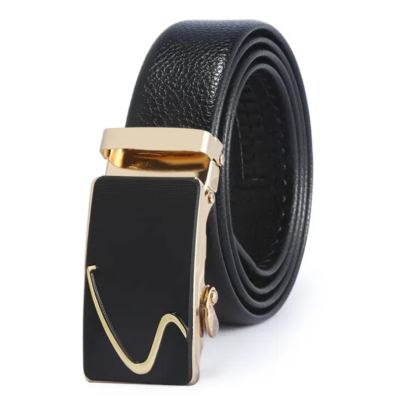 Color: Gold, Belt Length: 120cm - Man PU Leather Belt High Quality Men Business Belt Golden Automatic Buckle Waist Buckle Rhinestone Decoration Males Luxury Belt