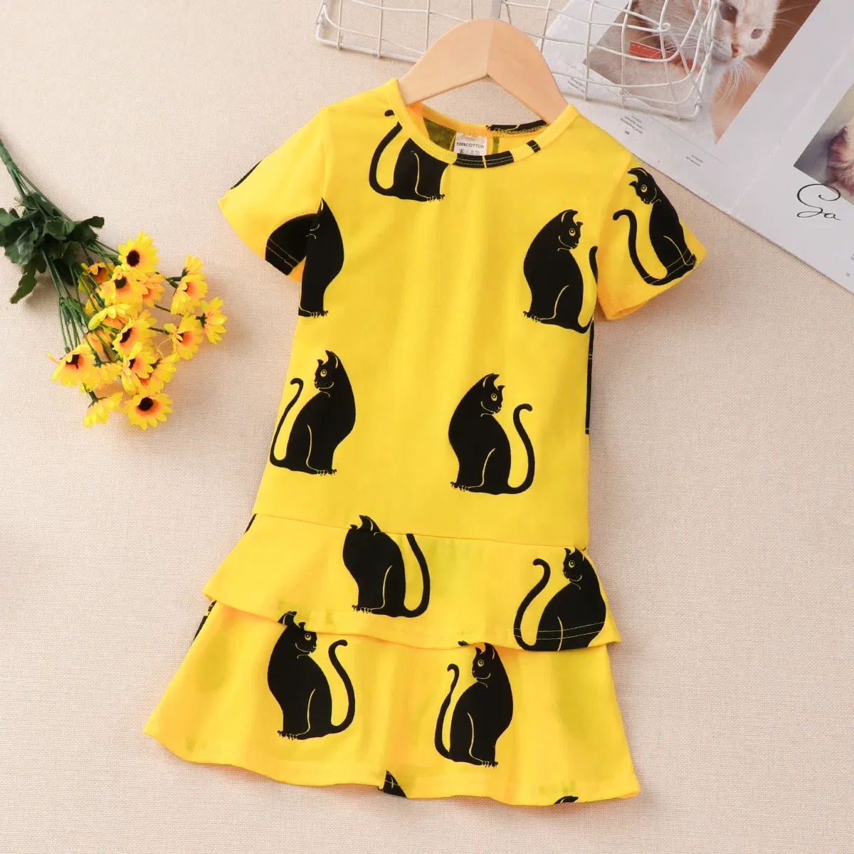 Color: Yellow, Kid Size: 2T - 2024 Children Dress Summer Girl Kids Dress for Very Elegant Party Black Cat Print Splice Belted A-line Skirt Girl Clothing