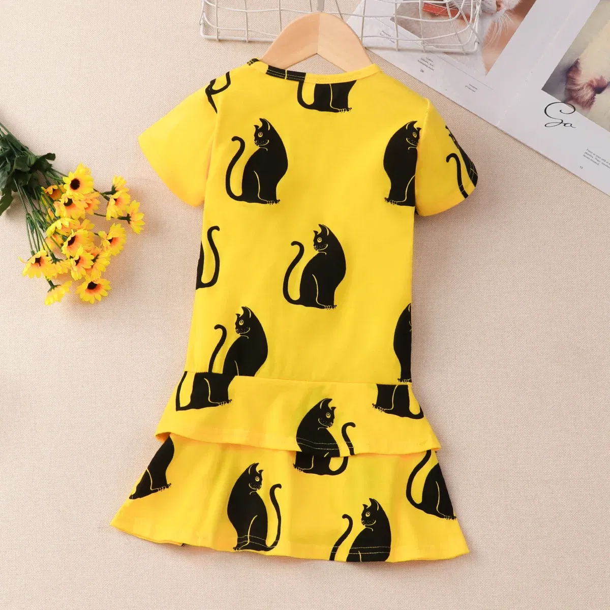 Color: Yellow, Kid Size: 2T - 2024 Children Dress Summer Girl Kids Dress for Very Elegant Party Black Cat Print Splice Belted A-line Skirt Girl Clothing