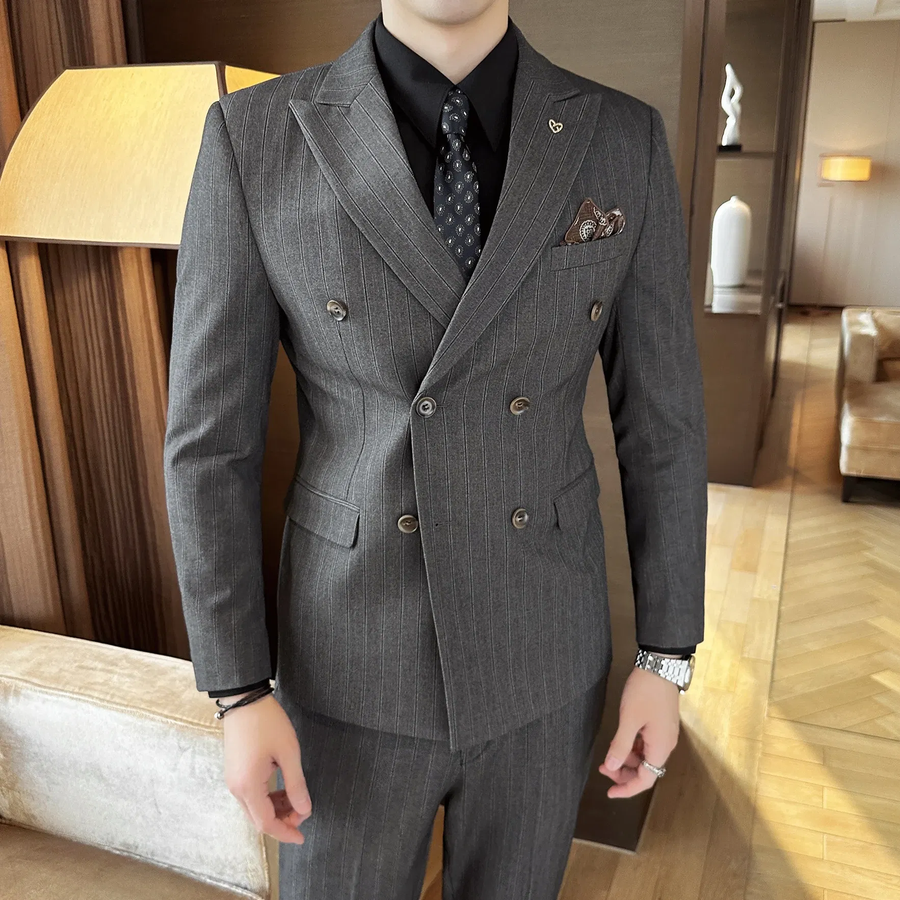 Color: black, Size: XXL - 2025 Korean-Style British High-Quality Autumn Winter Three-Piece Suit Set Fashionable Cool Versatile Striped Men's Clothing