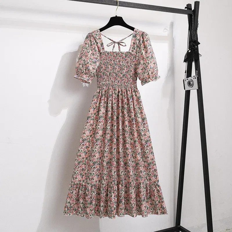 Color: green, Size: One Size - Spring Summer Chiffon Dresses Fashion Female Elastic Waist Short Sleeve Pleated Casual Dress Women A-line Dresses Vestidos