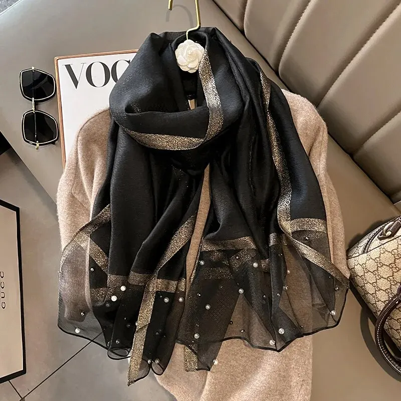 Color: Black - 2024 Luxury Brand Women Fashion Scarf Plain Solid Silk Linen Shawls Summer Lady Bandanas Foulard Hijab