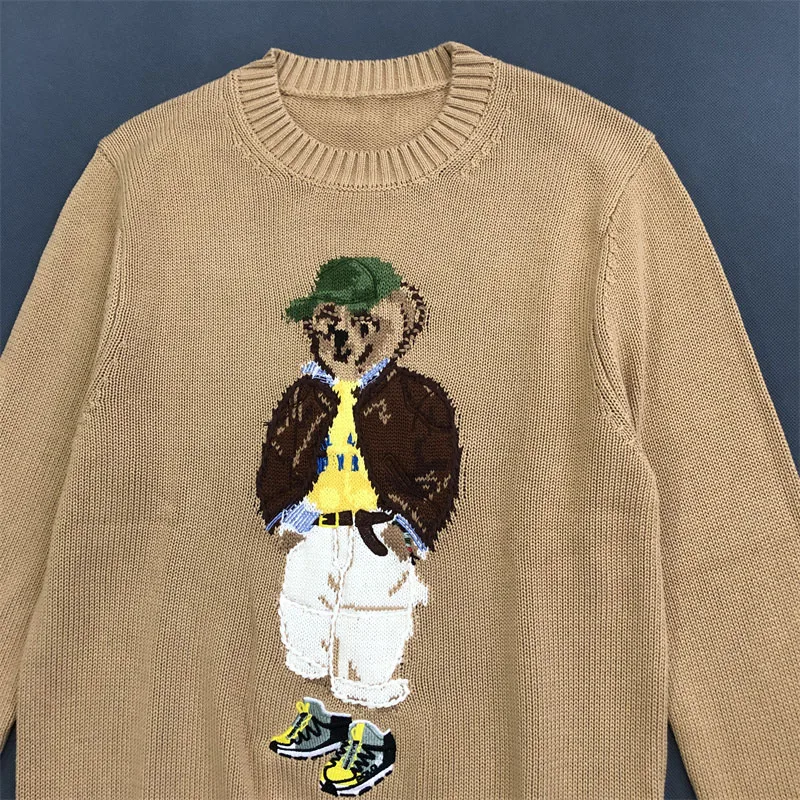 Size: M, Color: SKY BLUE - American Cartoon Embroidered Cotton Bear Sweater Women 2025 Round Neck Long Sleeve Knitted Pullover Fall Winter