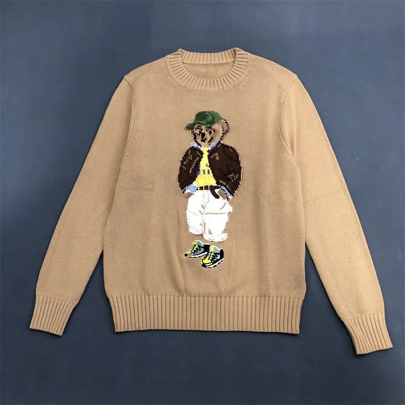 Size: M, Color: SKY BLUE - American Cartoon Embroidered Cotton Bear Sweater Women 2025 Round Neck Long Sleeve Knitted Pullover Fall Winter