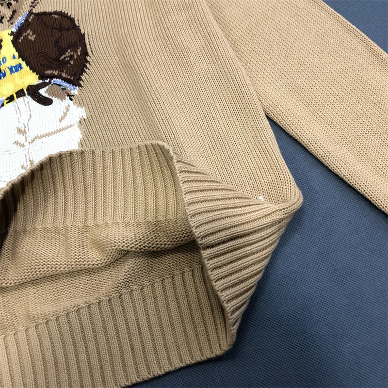 Size: M, Color: SKY BLUE - American Cartoon Embroidered Cotton Bear Sweater Women 2025 Round Neck Long Sleeve Knitted Pullover Fall Winter