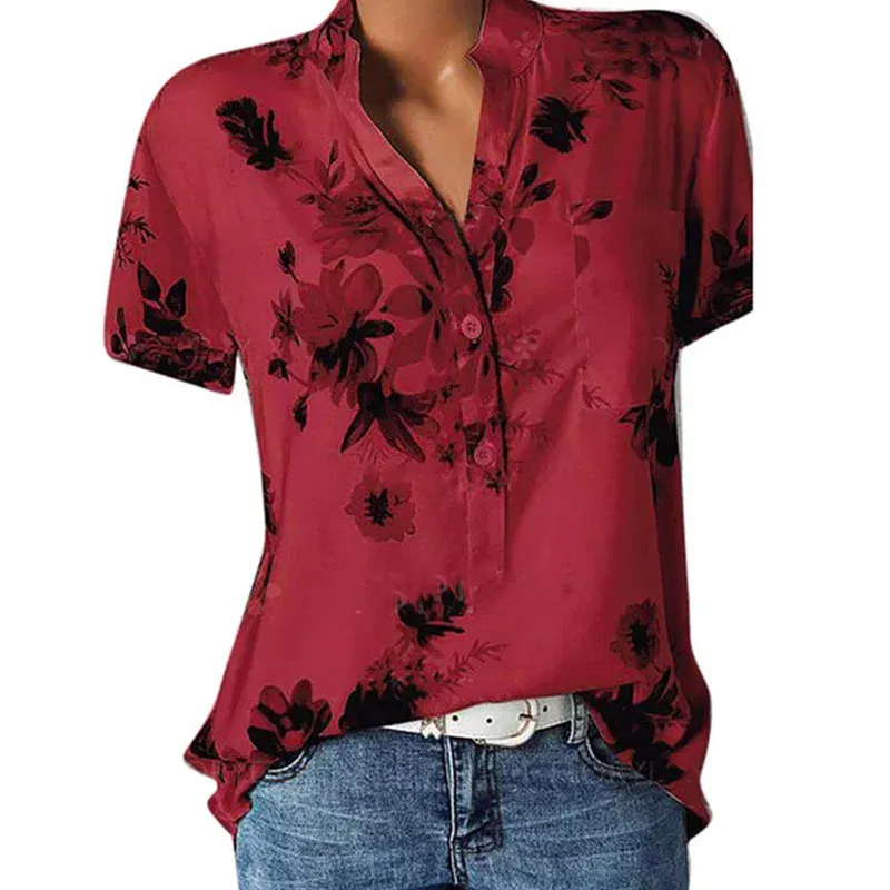 Color: Blue, Size: 4XL - Temperament new women's shirt printing large size casual shirt loose V-neck short-sleeved shirt blouse
