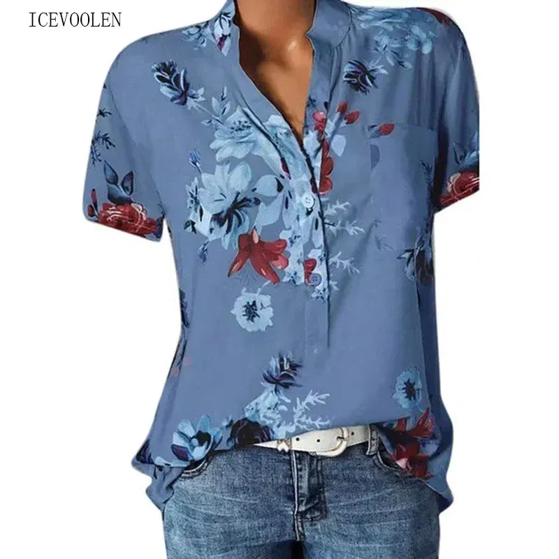 Color: Blue, Size: 4XL - Temperament new women's shirt printing large size casual shirt loose V-neck short-sleeved shirt blouse