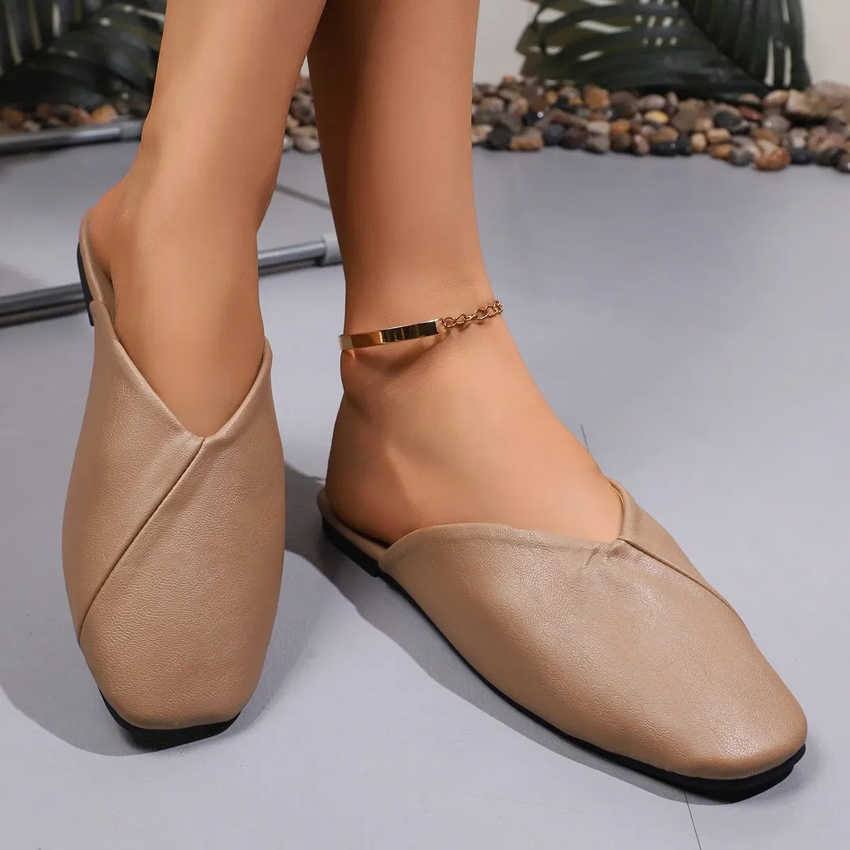 Color: Beige, Shoe Size: 37 - Fashion Slip on Mules Big Size 43 Flat Slippers 2024 Summer Women Flat Casual Outdoor Square Toe Shoes Ladies Slippers