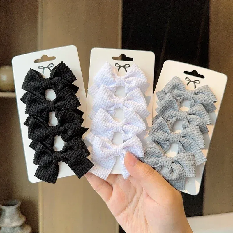 Color: SKY BLUE - 4PCS Soft Cotton Bow Hairpin Girl Sweet Plaid Design Hairpin Color Block Delicate Hairgripe Barrettes Kawaii Child Accessories