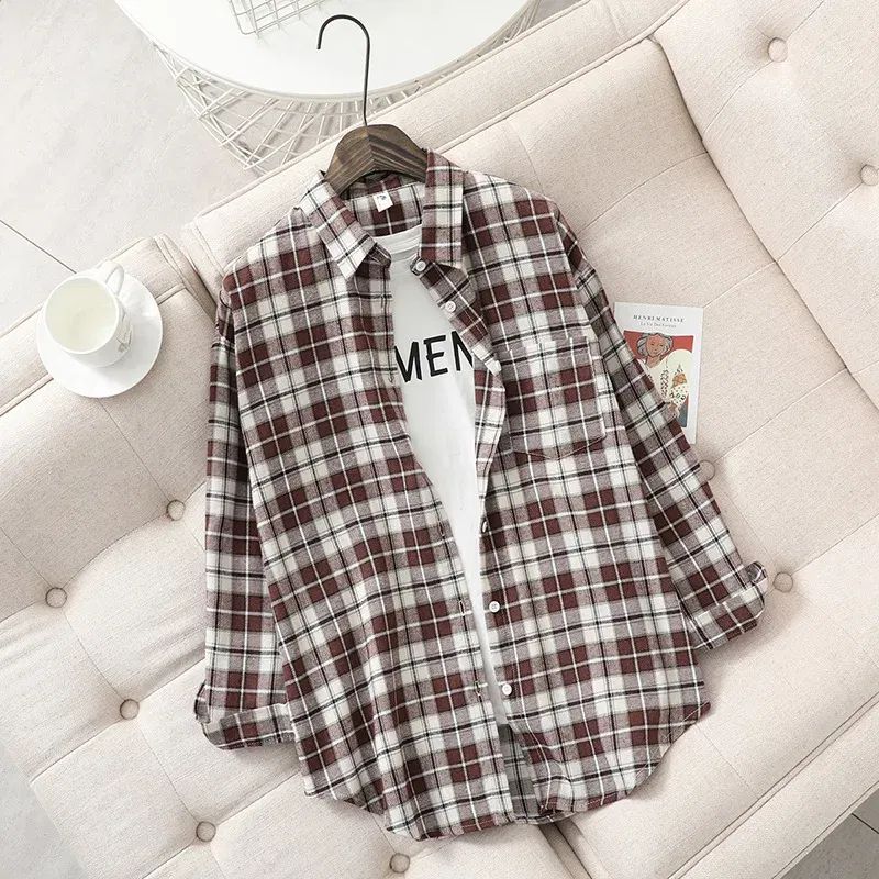 Color: Khaki, Size: XL - Fresh Flannel Plaid Shirt Women 2025 New Female Blouses and Tops Cotton Loose Long Sleeve Casual Shirts Fine Women's Clothes