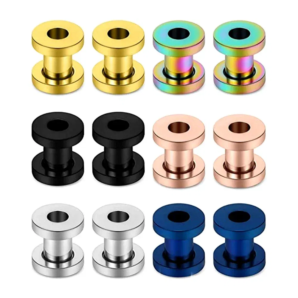 Metal color: Imitation Rhodium Plated, Main Stone Color: Gold - 2PCS Multi Color Steel Screw Fit Tunnel Ear Plug Stretcher Gauge 3-25mm Ear Lobe Tunnel Expander
