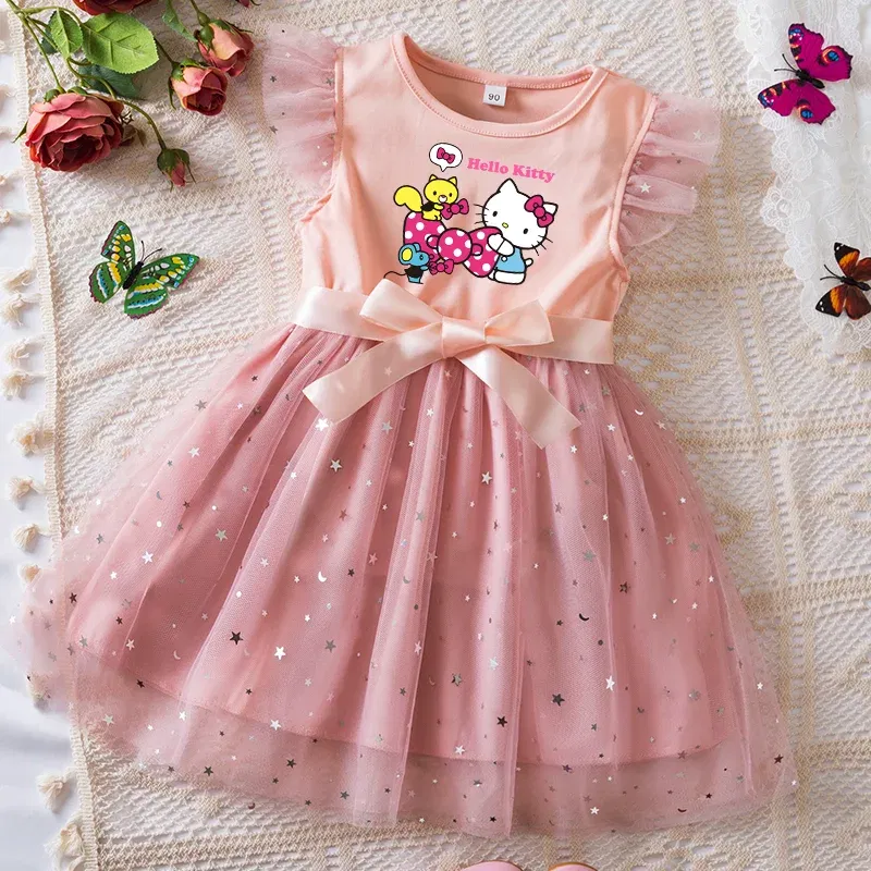 Color: Beige, Kid Size: 9 - Hello Kitty Girls Sequin Tutu Dress with Bow Flutter Sleeves Summer Princess Party Outfit for Toddler Kids 2-6 Years