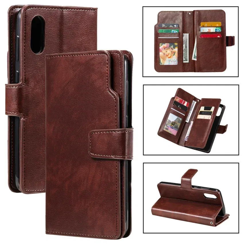 Color: Brown, Material: CANVAS - Leather Nine Cards Wallet Case For Samsung Galaxy S24 Ultra S23 FE S22 S20 S21 Plus S10 S9 S8 Plus Note 20  Phone Cover