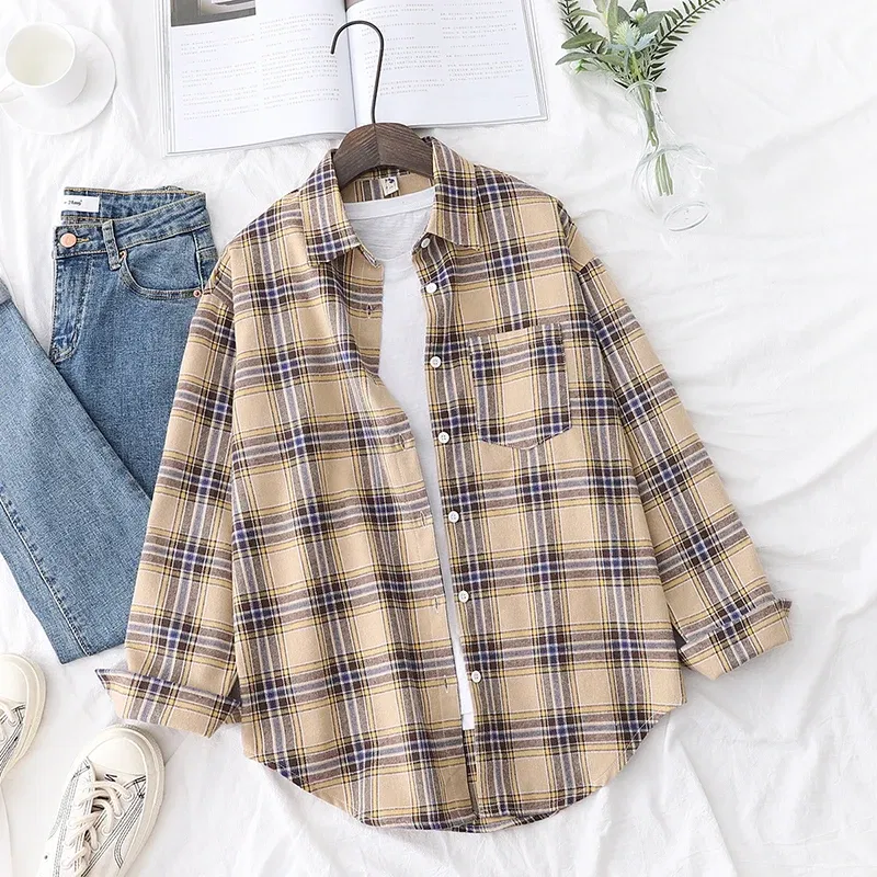 Color: MULTI, Size: S - Fresh Flannel Plaid Shirt Women 2025 New Female Blouses and Tops Cotton Loose Long Sleeve Casual Shirts Fine Women's Clothes
