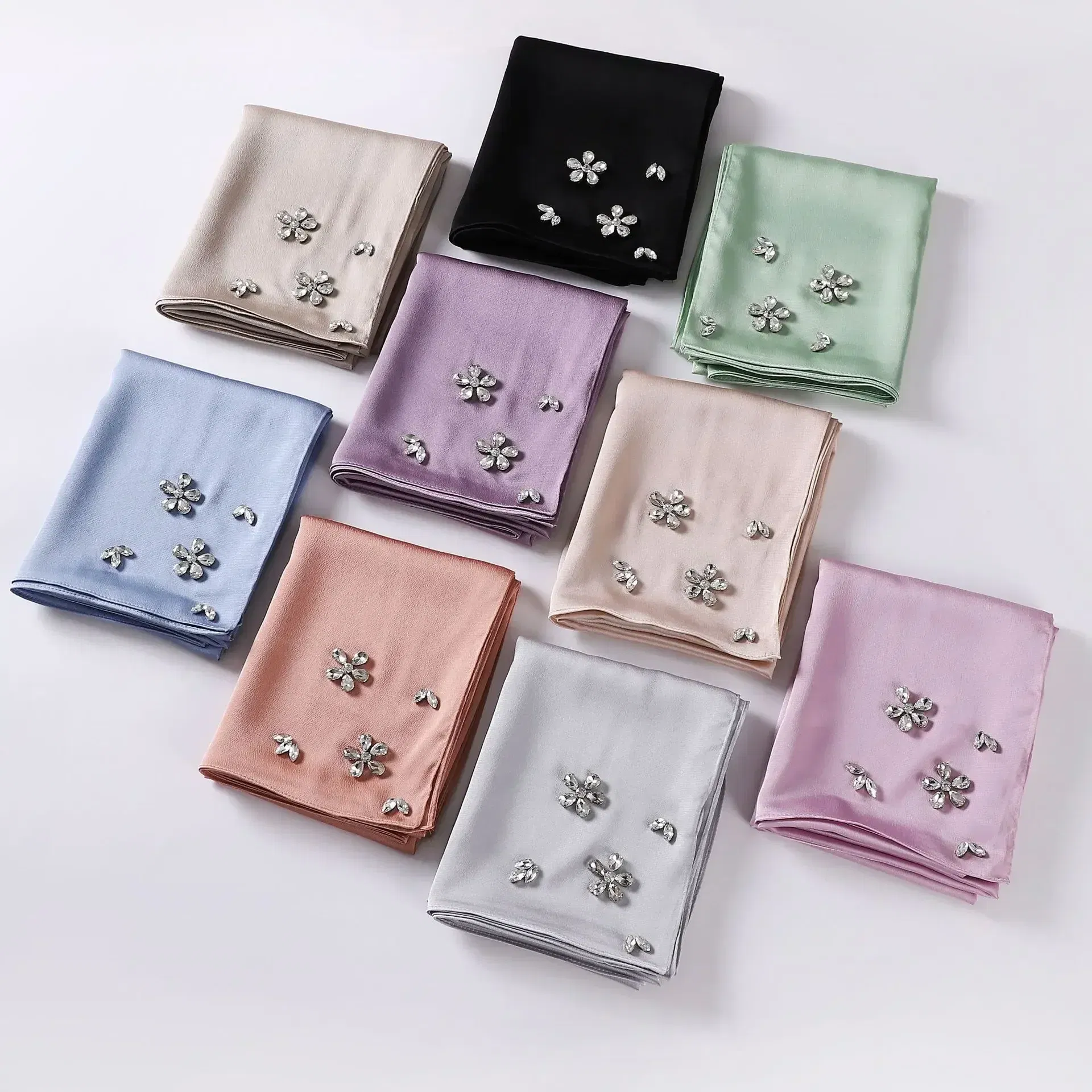Color: Light Coffee - New Designers Diamonds Satin Hijab Chiffon Scarf Women Luxury Silk Scarves Woman Turban Silk Scarfs for Women Bandana Headband