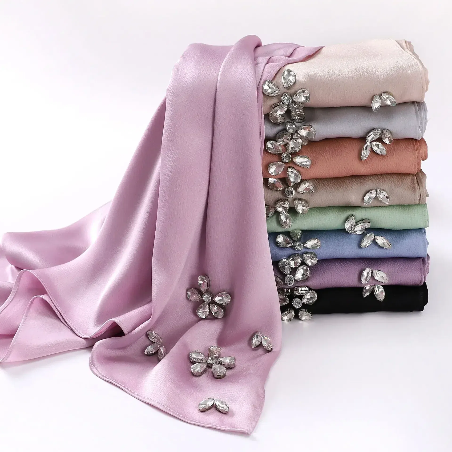 Color: Light Coffee - New Designers Diamonds Satin Hijab Chiffon Scarf Women Luxury Silk Scarves Woman Turban Silk Scarfs for Women Bandana Headband