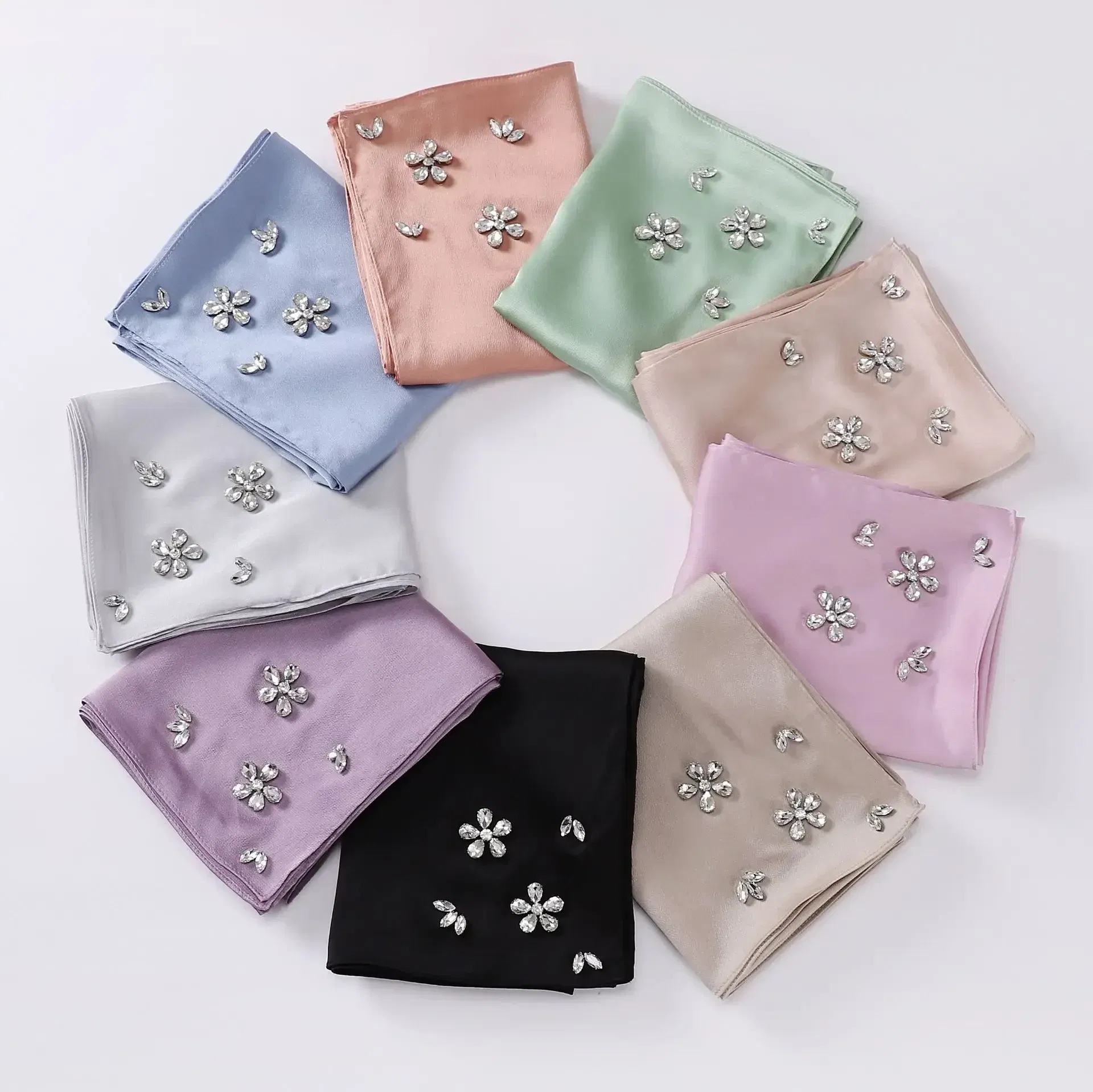 Color: Light Coffee - New Designers Diamonds Satin Hijab Chiffon Scarf Women Luxury Silk Scarves Woman Turban Silk Scarfs for Women Bandana Headband