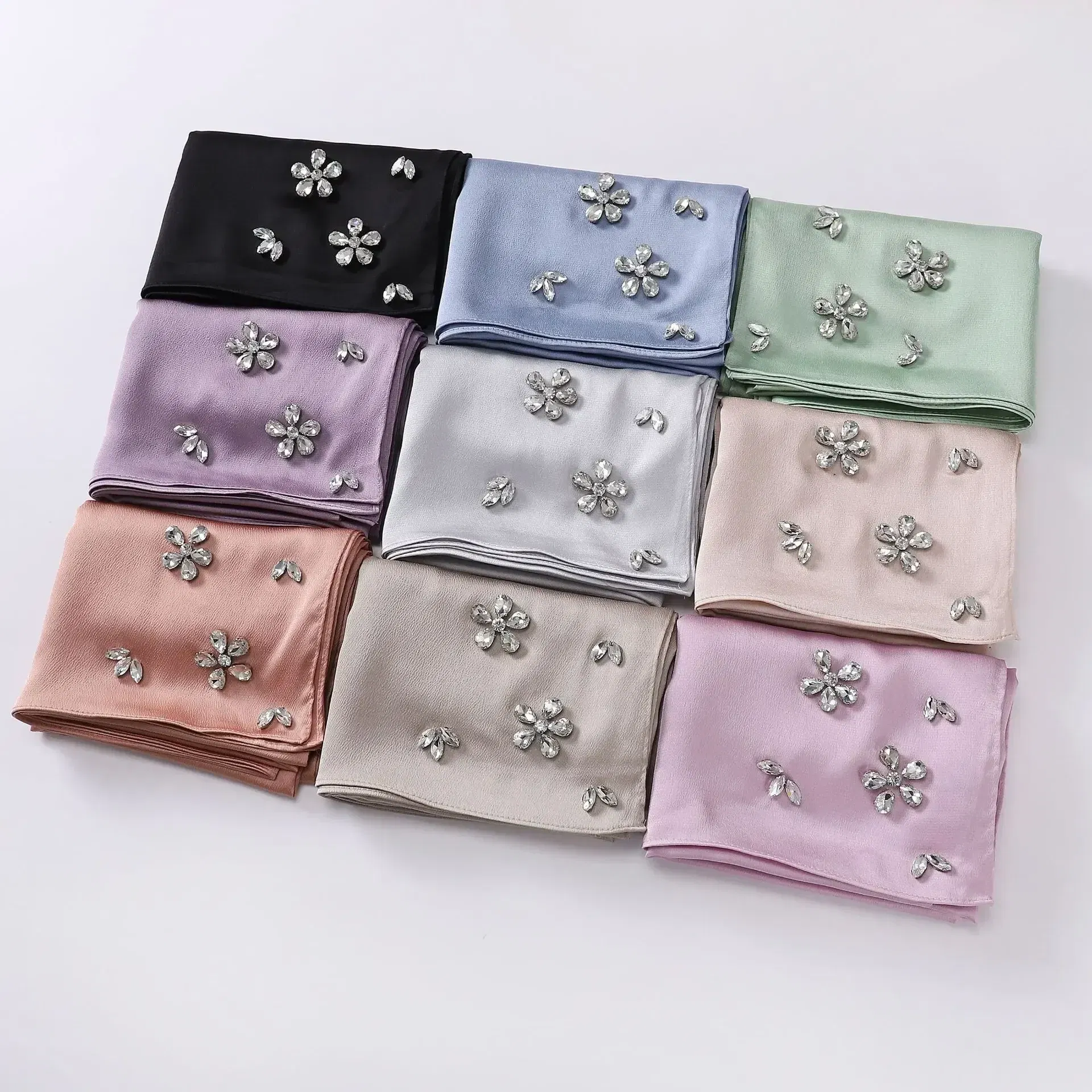 Color: Light Coffee - New Designers Diamonds Satin Hijab Chiffon Scarf Women Luxury Silk Scarves Woman Turban Silk Scarfs for Women Bandana Headband