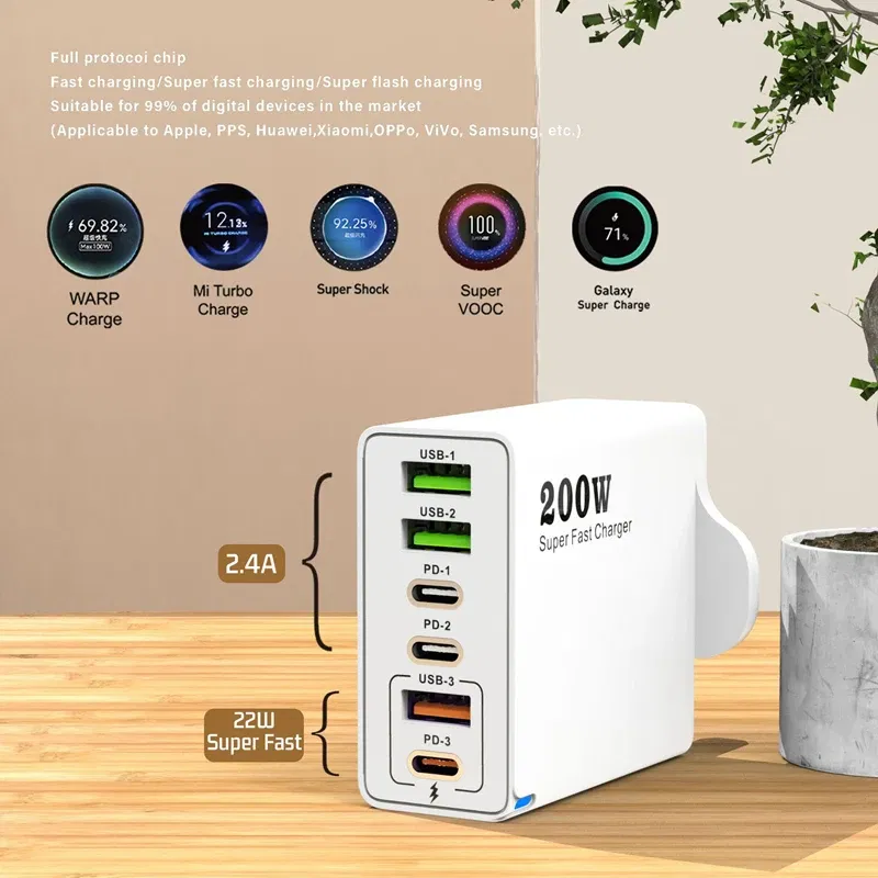 Plug Type: EU - Xiaomi 200W Super Fast Charging 6 Port USB C Charger PD3.0 USB C Type C Mobile Phone Charger For iPhone 16 Samsung Xiaomi ipad