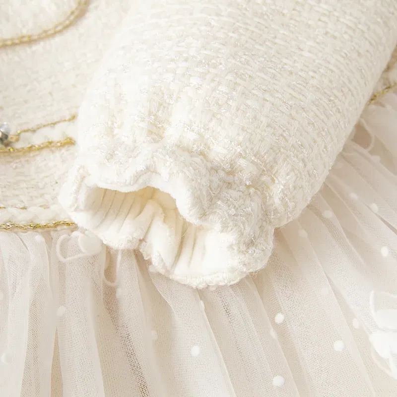 Color: WHITE, Kid Size: 8 - Dave Bella Girl's Dress Children's Autumn Winter Princess Dress Charm Sweet Classy Gentle Fashion Mesh Party DB4237805