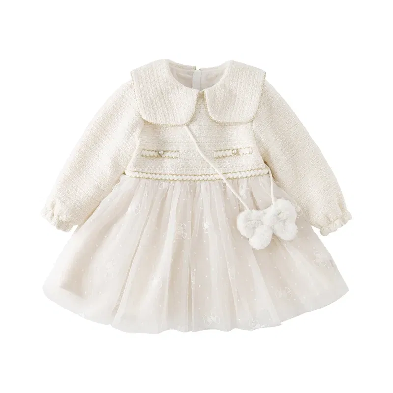 Color: WHITE, Kid Size: 8 - Dave Bella Girl's Dress Children's Autumn Winter Princess Dress Charm Sweet Classy Gentle Fashion Mesh Party DB4237805
