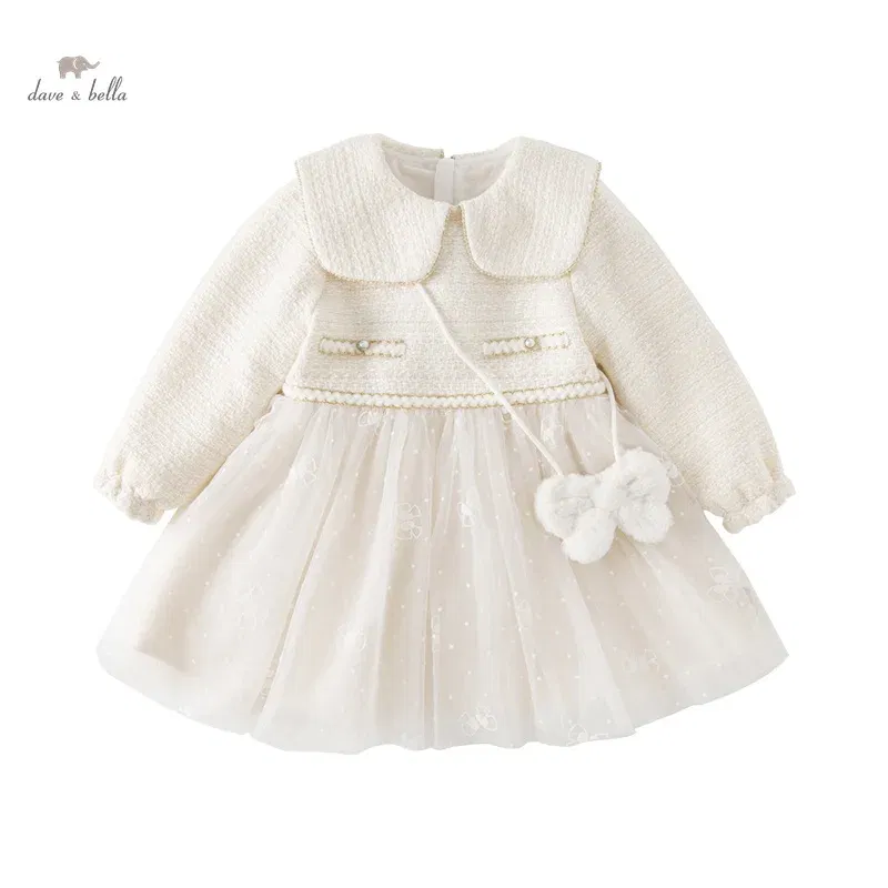 Color: WHITE, Kid Size: 8 - Dave Bella Girl's Dress Children's Autumn Winter Princess Dress Charm Sweet Classy Gentle Fashion Mesh Party DB4237805