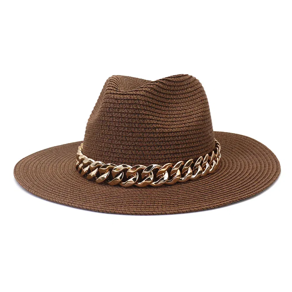 Color: Brown, Size: M - Fashion Gold Chain Belt Panama Straw Hats For Women Summer Breathable Beach Sun Hats Elegant Ladies Party Jazz Hat
