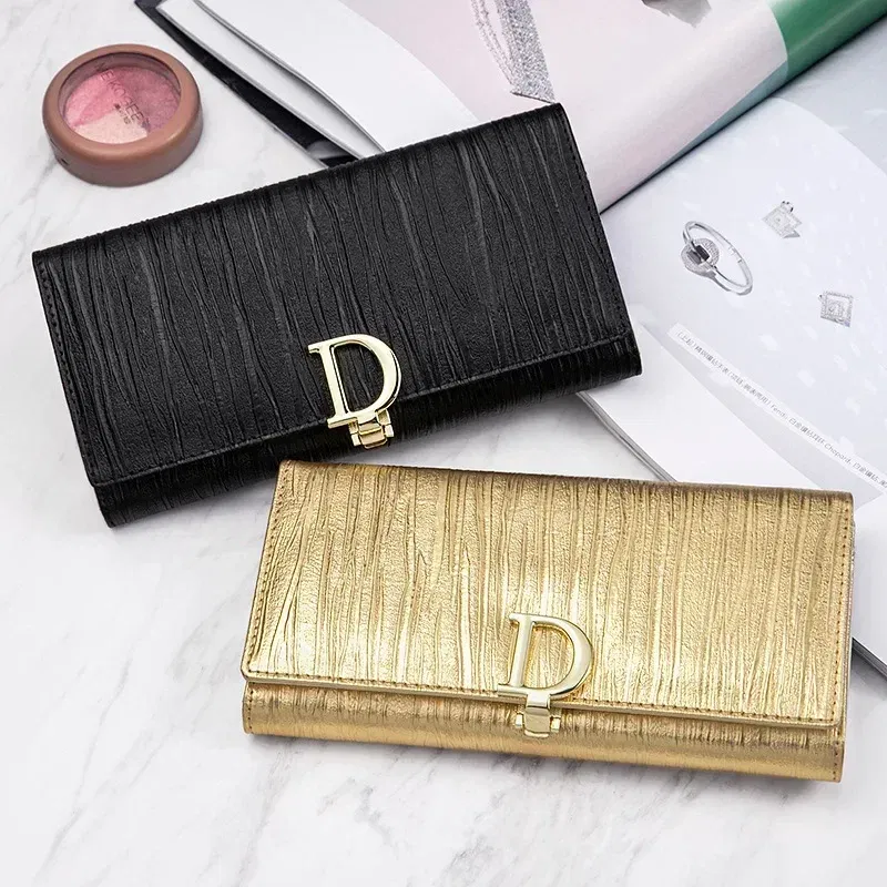 Color: Blue - 2025 Design Women Long Wallets Fashion Long Phone Purse Luxury Genuine Leather Ladies Card Holder Stripe Wallet Cartera De Mujer