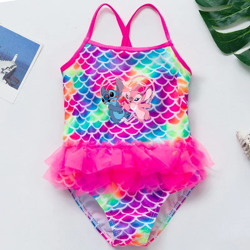 Color: Red, Kid Size: 3M - Lilo Stitch Girl Swimsuit Summer One-Piece Swimwear Beachwear Pool Mermaid Fish Scale Print Bikini Bathing Outfit Swimming Wear