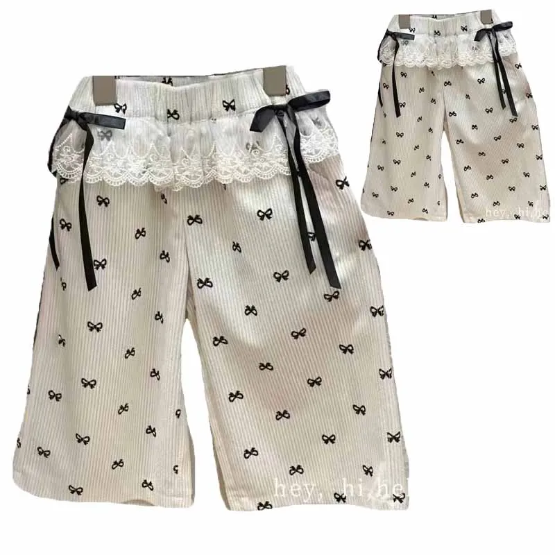 Color: Beige, Kid Size: 2T - New Girls Bow Print Pants Spring Kids Wide-leg Trousers Fashion Elastic Loose Pants Autumn Children Bowknot Trousers 2-8 Years