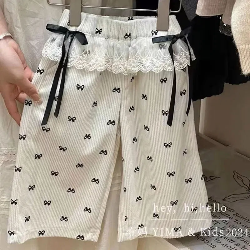 Color: Beige, Kid Size: 2T - New Girls Bow Print Pants Spring Kids Wide-leg Trousers Fashion Elastic Loose Pants Autumn Children Bowknot Trousers 2-8 Years
