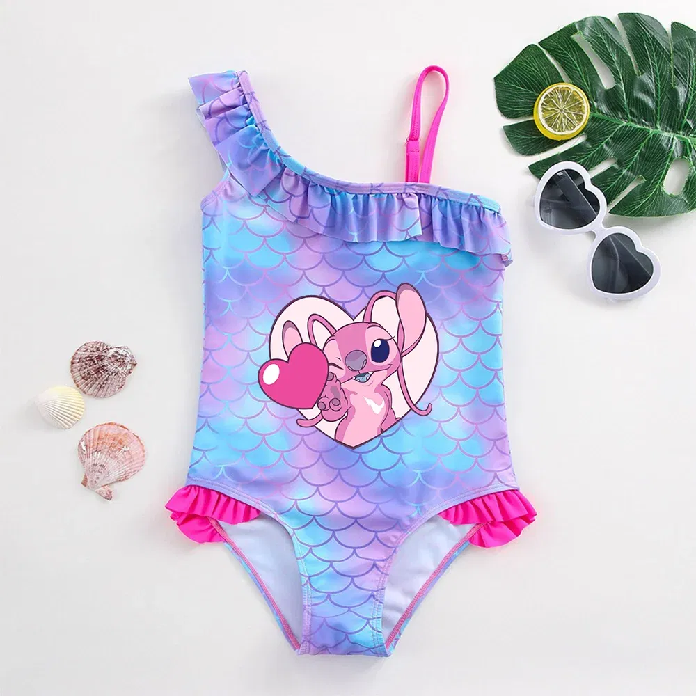 Color: Dark Grey, Size: L - Stitch Girls Swimsuit Fashion Mermaid Fish Scale One-Piece Bathing Suits Children's Dresses Summer Swimwear Beach Suit Kids Wear