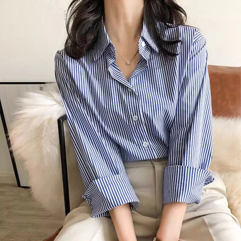 Color: Blue, Size: S - Classic Striped Woman Spring Autumn Blouses Shirt Lady Long Lantern Sleeve Stand Collar Loose Blusas Tops