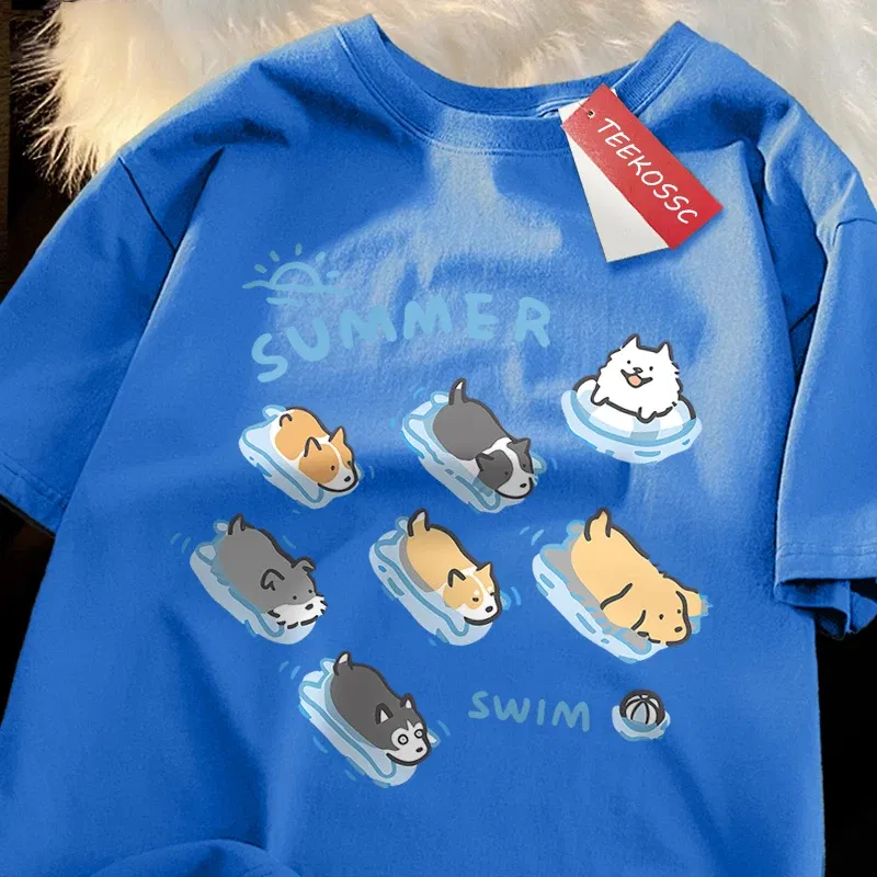 Color: army green, Size: L - Fun Cat And Dog Swimming Japanese Style T-Shirt Female Casual Loose T-Shirts Summer Cotton Tops Fashion Breathable Tee Clothing