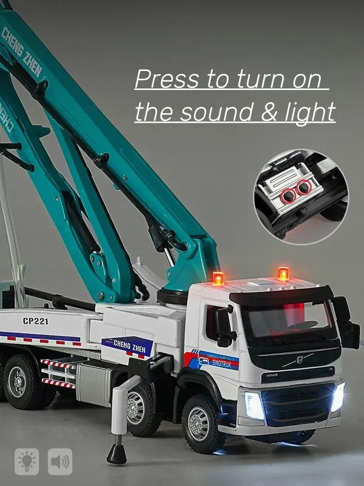 Color: green - 1/50 Volvo Concrete Pump Truck Toy Car Diecast Meatl Vehicle Model Pull Back Sound & Light Miniature Collection Gift For Boy Kid