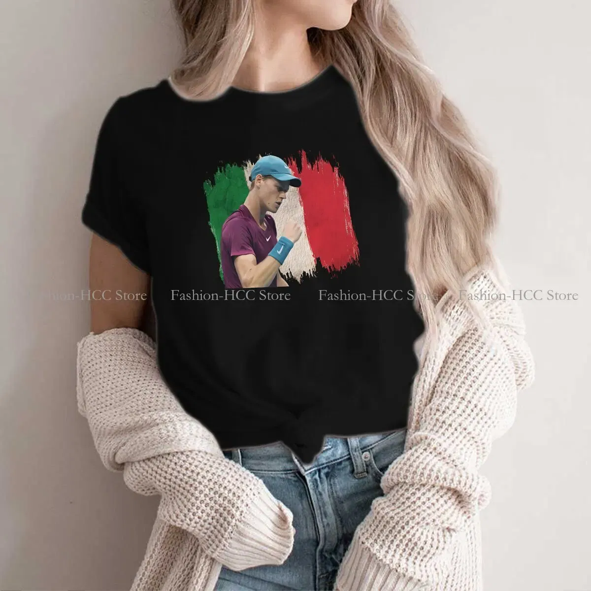 Color: black, Size: M - Tennis Polyester TShirt for Women Jannik Sinner Basic Casual Tee T Shirt High Quality New Design