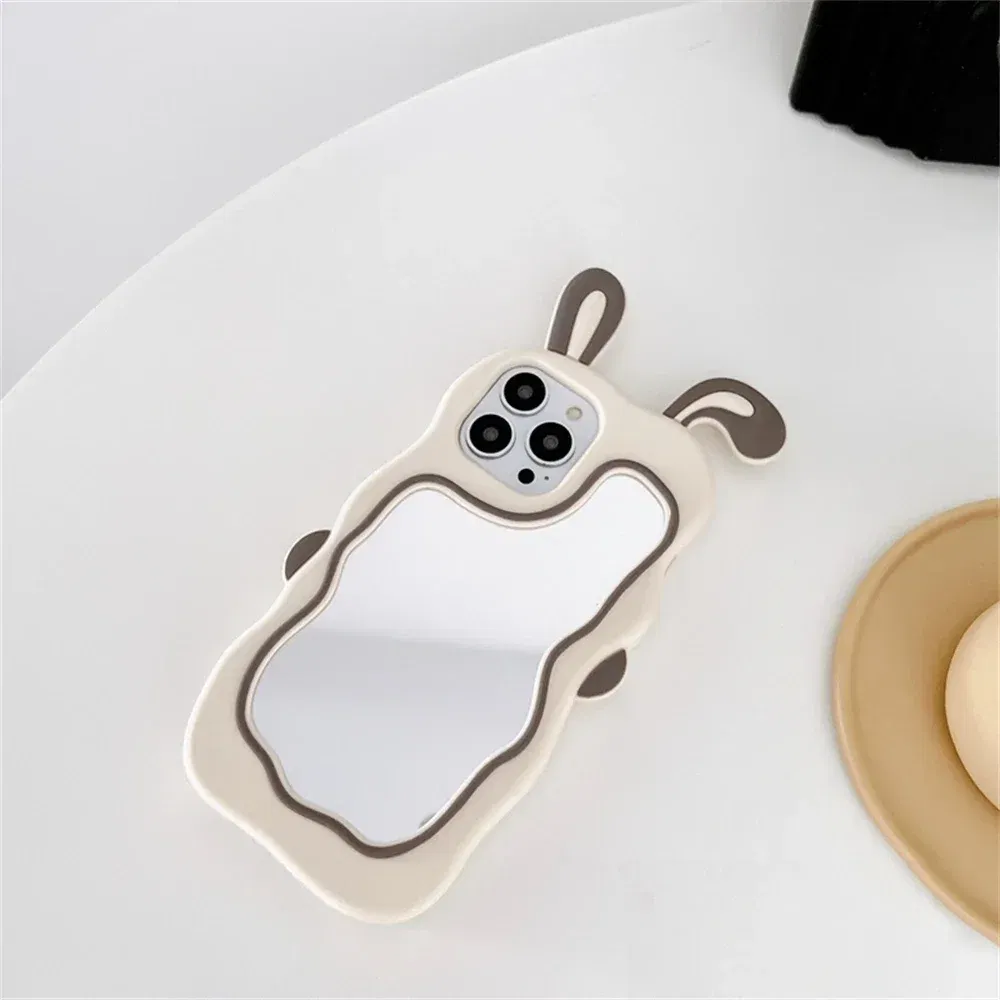 Color: Beige, Material: PVC - Cute Bunny Ears Mirror Phone Case For iPhone 15 14 Plus 13 12 11 Pro Max Shockproof Silicone Case