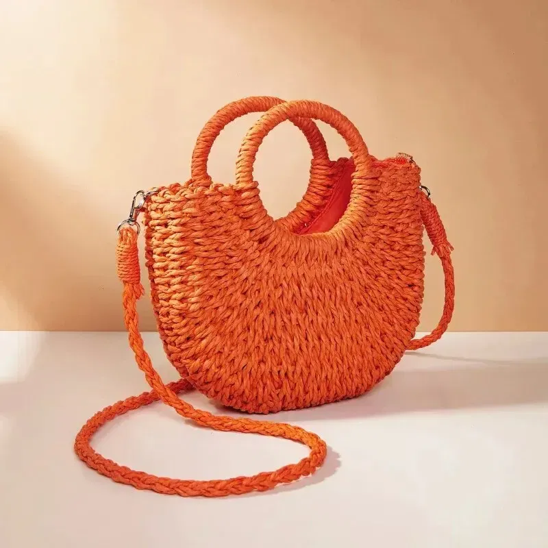 Color: Dark Grey - Handwoven Straw Rattan Half-Moon Beach Handbag Large Capacity Women Summer Hollow Out Crossbody Shoulder Bag
