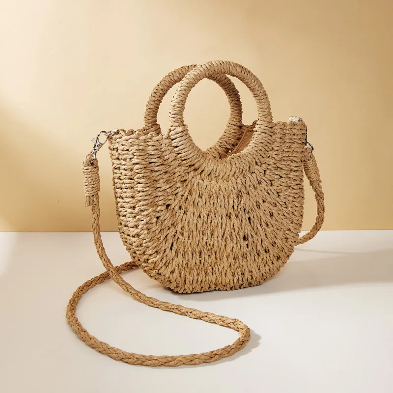 Color: Dark Grey - Handwoven Straw Rattan Half-Moon Beach Handbag Large Capacity Women Summer Hollow Out Crossbody Shoulder Bag