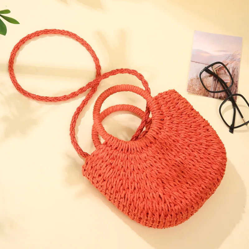 Color: Dark Grey - Handwoven Straw Rattan Half-Moon Beach Handbag Large Capacity Women Summer Hollow Out Crossbody Shoulder Bag