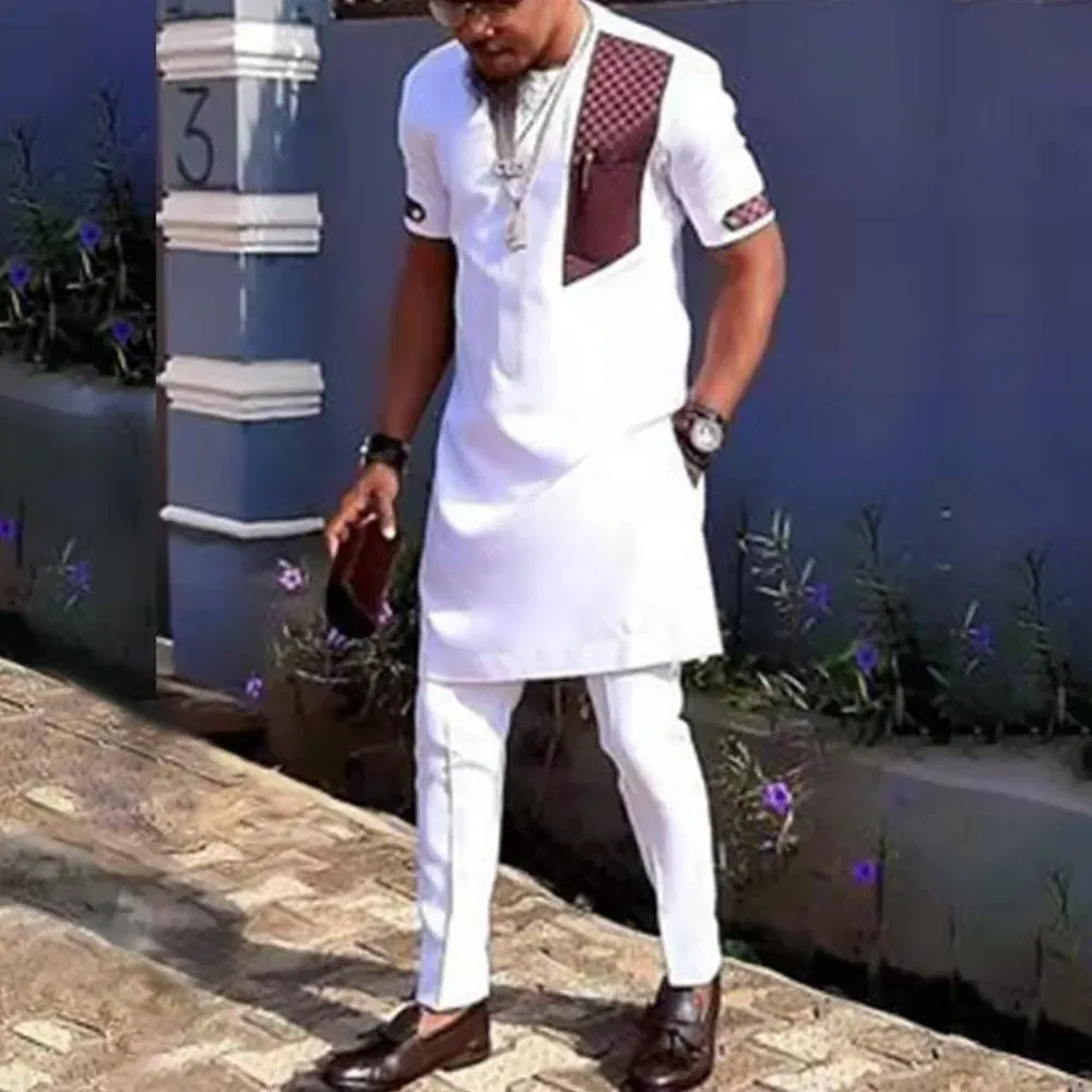 Color: Dark Grey, Size: S - 2025 New men's suit, white pocket, 2-piece set, luxury wedding casual suit, traditional African style of ethnic minorities