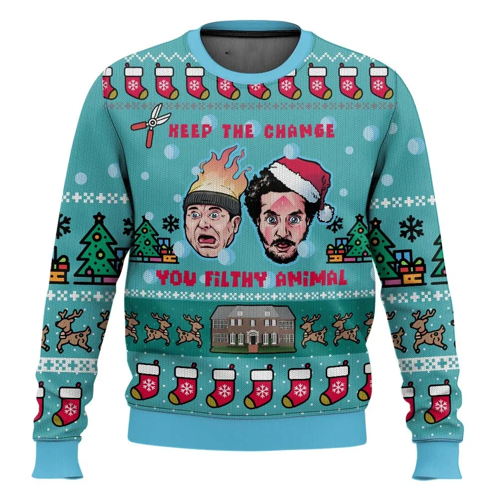 Color: PURPLE, Size: XXXL, Ships From: CHINA - Merry Christmas alone at home Ugly Christmas sweater cartoon animation Men's pullover 2026 fashionable couple shirts Sweatshirt