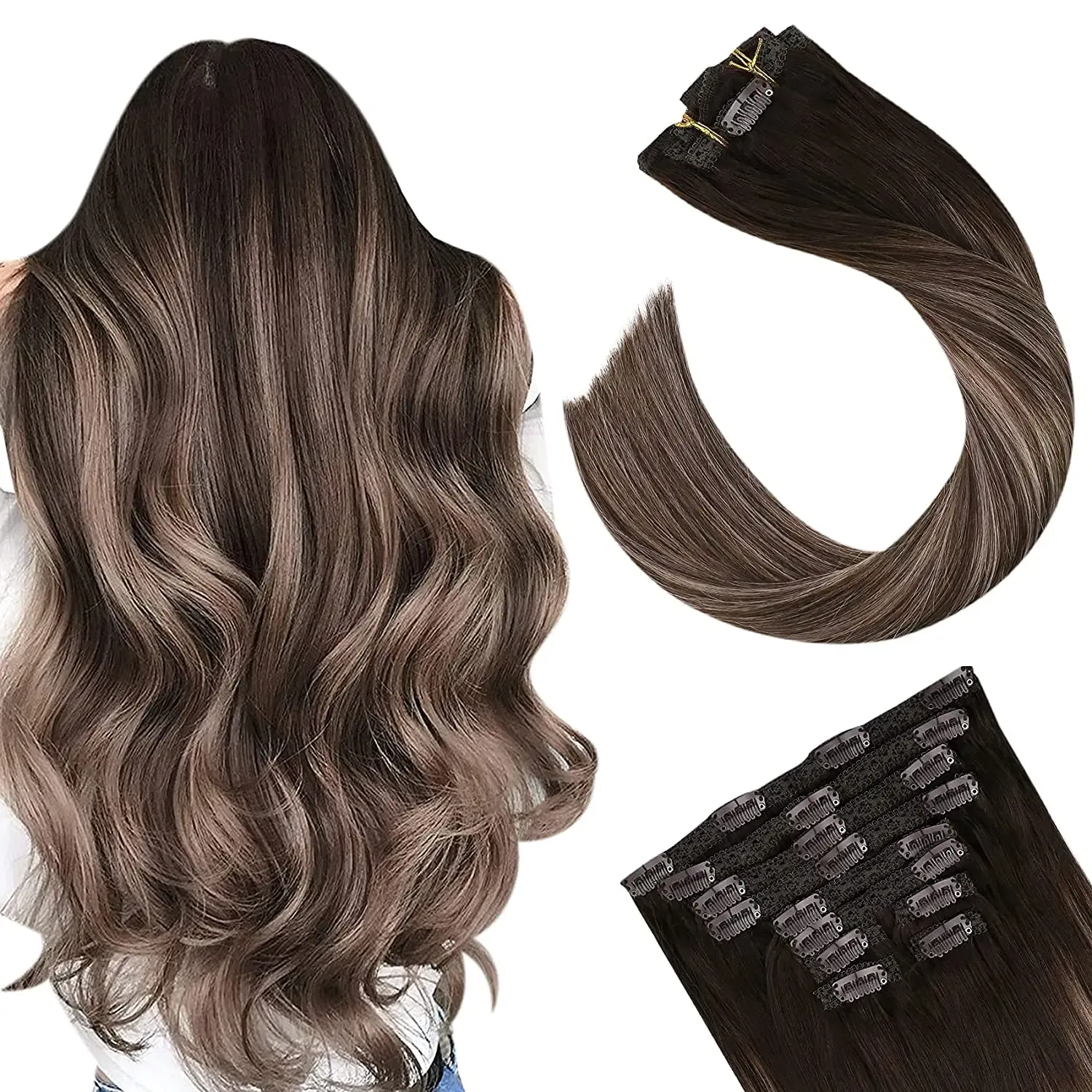 Color: T403/DB3, Length: 14 inches, Weight Per Package: 120g/Set - [16 Colors] Ugeat Clip in Hair Extensions Human Hair 14-22" Double Weft Remy Hair Full Head Clip in Extensions for Woman 7Pcs