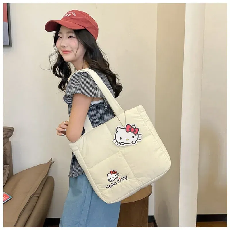 Color: black, Size: Extra Large - 2024 New Sanrio Handbag Cartoon Cute Down Fabric Kuromi Tote Bag Shoulder Pacha Dog Cute Stationery Bag Large Capacity Handbag