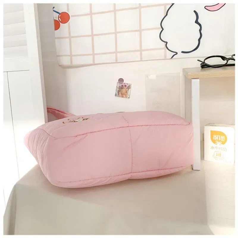 Color: black, Size: Extra Large - 2024 New Sanrio Handbag Cartoon Cute Down Fabric Kuromi Tote Bag Shoulder Pacha Dog Cute Stationery Bag Large Capacity Handbag