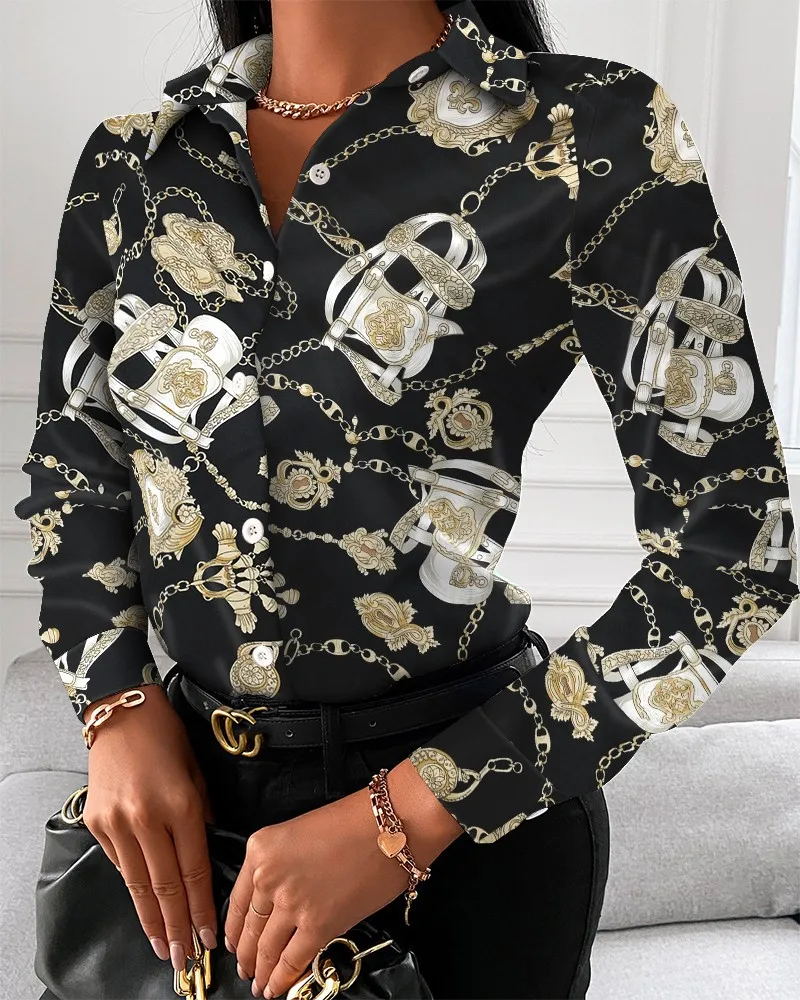 Color: black, Size: XL - Women Fashion Wild Shirts Chain/Floral/Letter/Geometric Square Print Turn-Down Collar Long Sleeve Blouses
