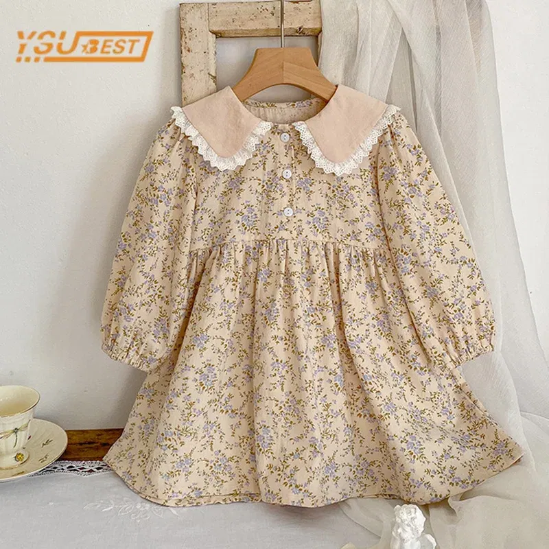 Color: Coffee, Kid Size: 4 - Sweet Kids Baby Girls Long Sleeve Flower Printing Princess Dress Autumn Baby Girls Doll Collar Dress Children Clothes Dress
